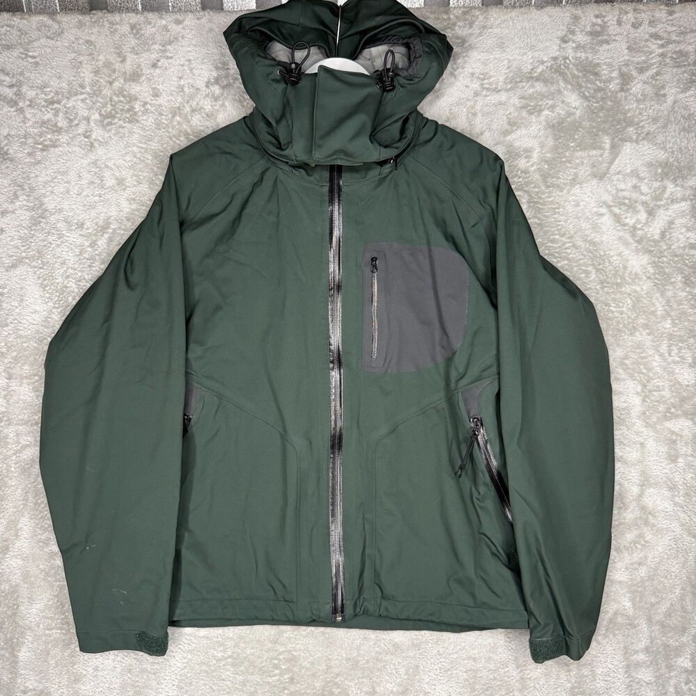 Cabelas Jacket Mens Medium Green Waterproof Full Zip Gorpcore Hooded Taped Seams